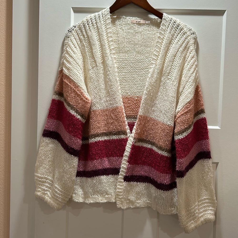 Francesca's Sweater Women Cardigan Knit Striped Open Front Tan Pink V Neck